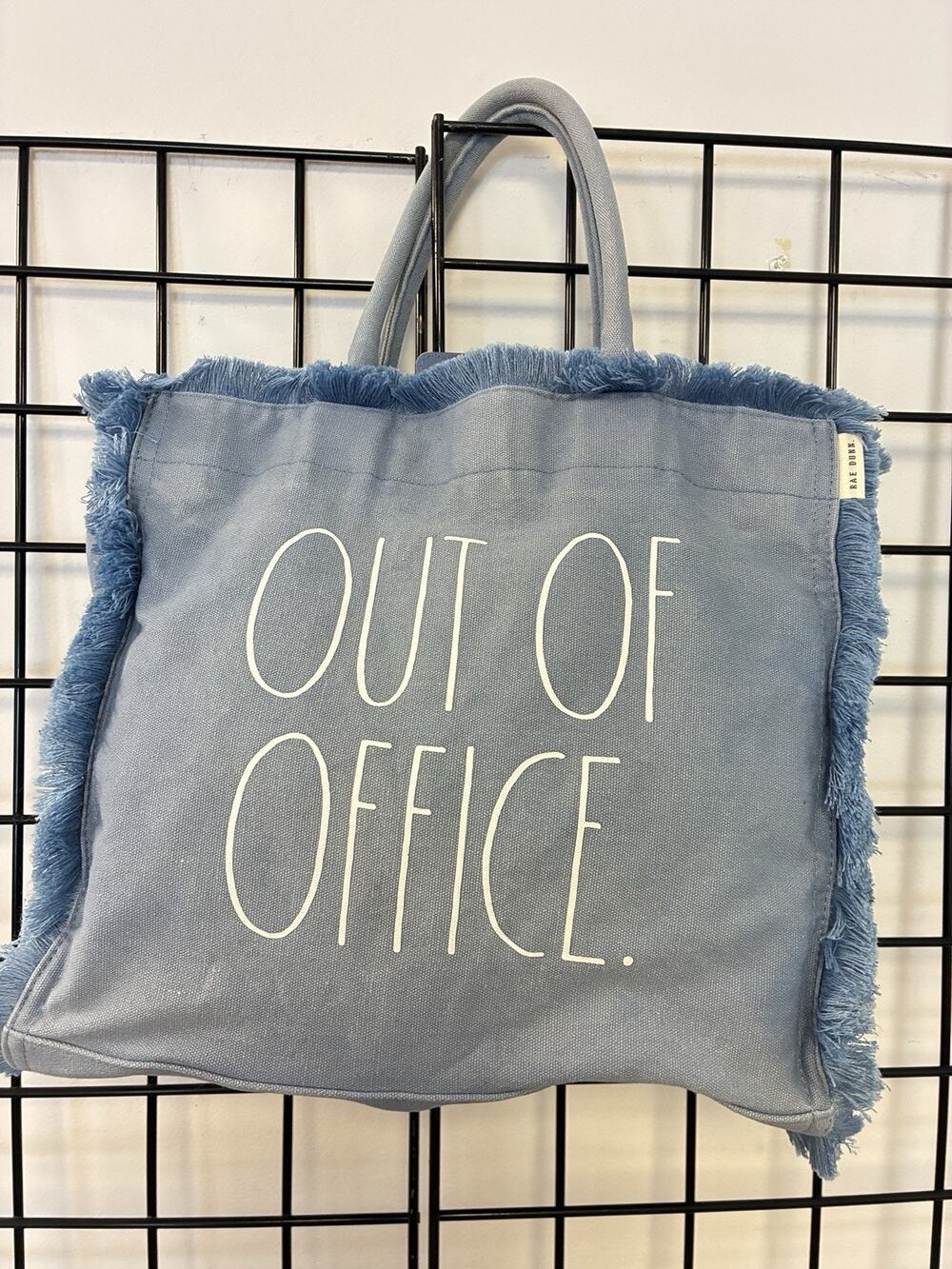 Rae Dunn Out Of Office Tote Bag Light Blue Fringe 16x13x5.5"